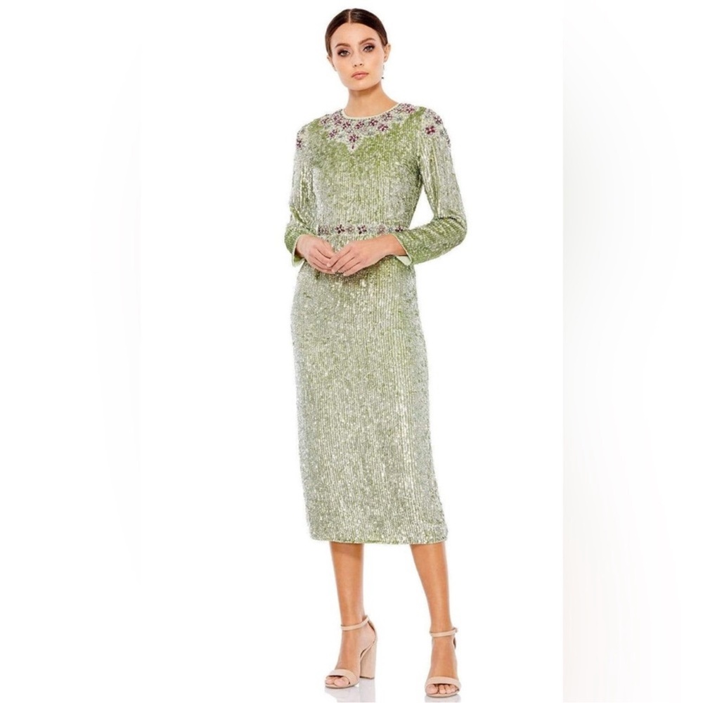Mac Duggal Floral Beaded Tea Length Midi Dress Green Sequined- New with flaws‎